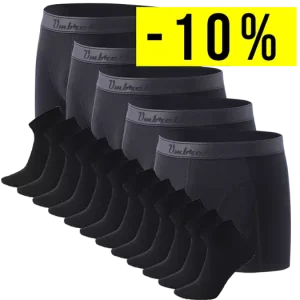 12 schwarze Knöchelsocken und 5 schwarze Unterhosen aus Bambus