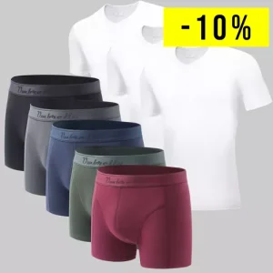 5 bunte Unterhosen und drei weiße T-Shirts aus Bambus Stoff