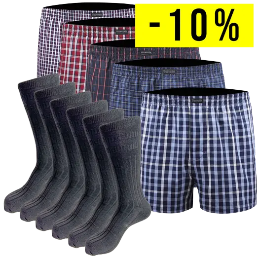 5 Karierte Boxershorts und 6 Schwarze Strümpfe aus Wolle ohne Gummibund